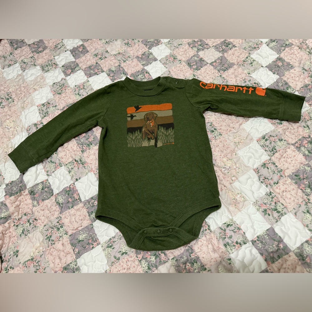 Carhartt Olive Green Baby One-Piece Bodysuit with Orange Logo